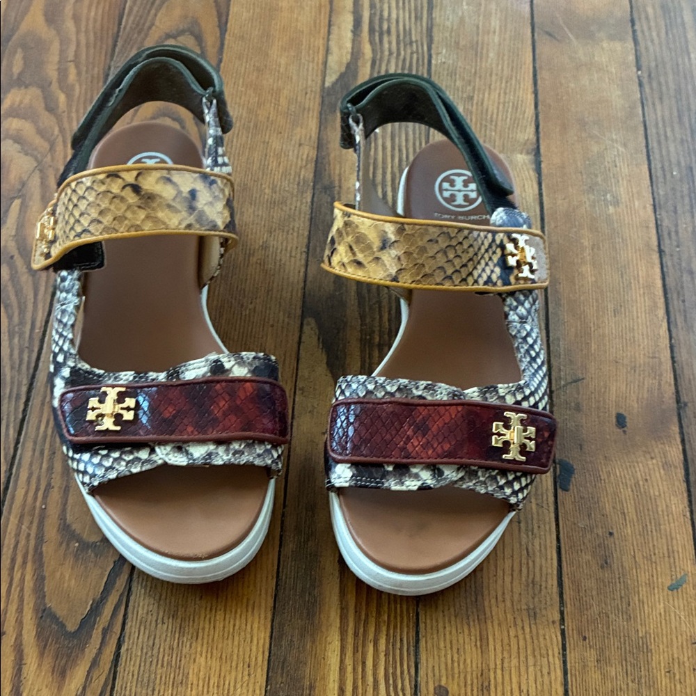 Tory Burch Red and Yellow Snakeskin Sandals